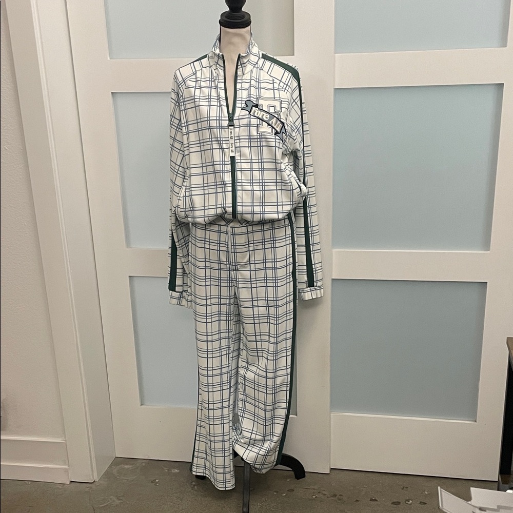 Checked White & Blue Zip-Front Pantsuit with Green Trim